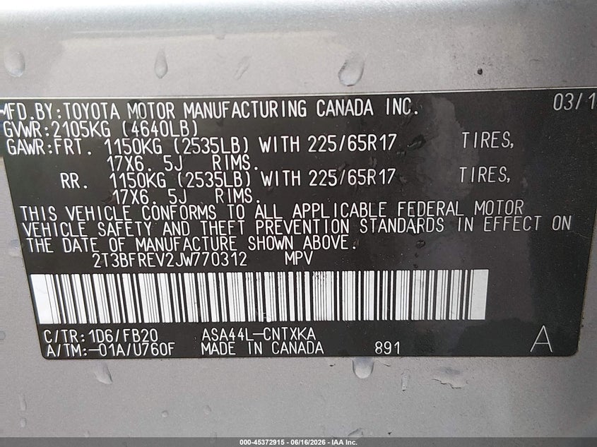 2018 Toyota Rav 4 VIN 2T3BFREV2JW770312 IAAI salvage auction — FRONT END, Wait Title, sold $7,600 on 2026-08-22 (photo 9)