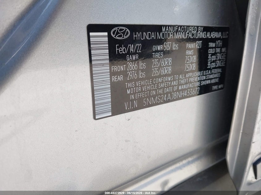 2022 Hyundai Santa fe VIN 5NMS24AJ8NH433672 IAAI salvage auction — LEFT SIDE, Salvage (California), sold $9,050 on 2026-07-09 (photo 9)