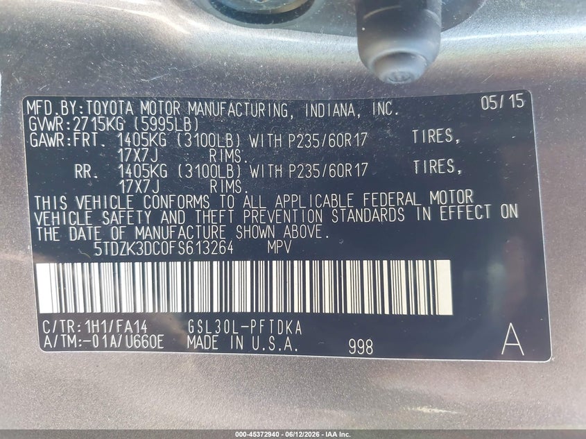 2015 Toyota Sienna VIN 5TDZK3DC0FS613264 IAAI salvage auction — LEFT REAR, Salvage (Arizona), sold $2,950 on 2026-07-08 (photo 9)