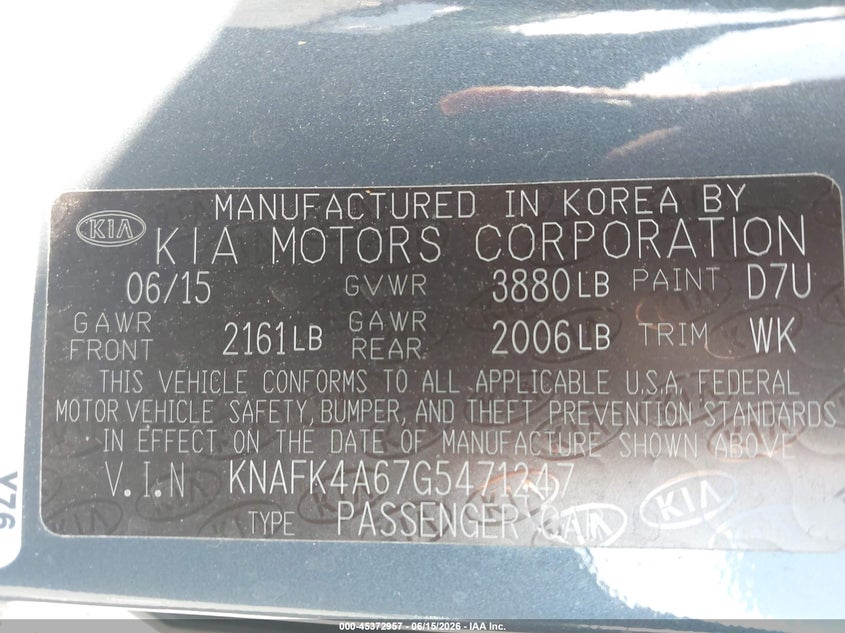 2016 Kia Forte VIN KNAFK4A67G5471247 IAAI salvage auction — FRONT END, Salvage (South Carolina), sold $350 on 2026-07-12 (photo 9)