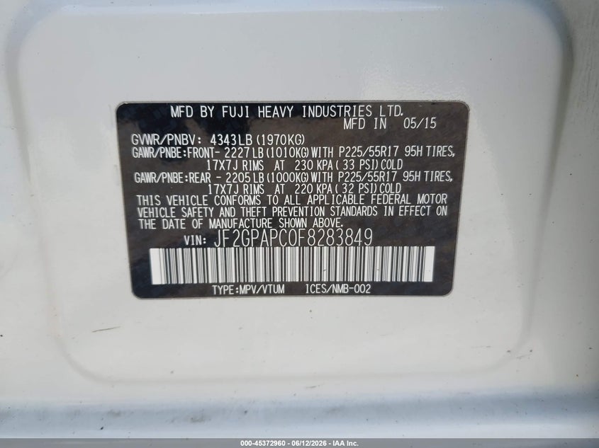 2015 Subaru Xv VIN JF2GPAPC0F8283849 IAAI salvage auction — SIDE, Salvage Title, sold $425 on 2026-07-22 (photo 7)