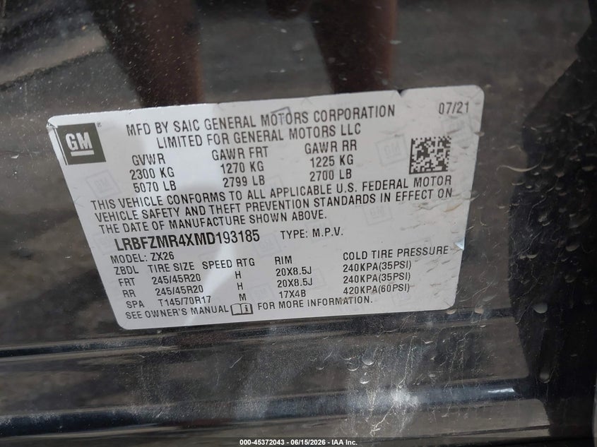 2021 Buick Envision VIN LRBFZMR4XMD193185 IAAI salvage auction — FRONT END, Salvage Title, sold $5,150 on 2026-07-15 (photo 9)