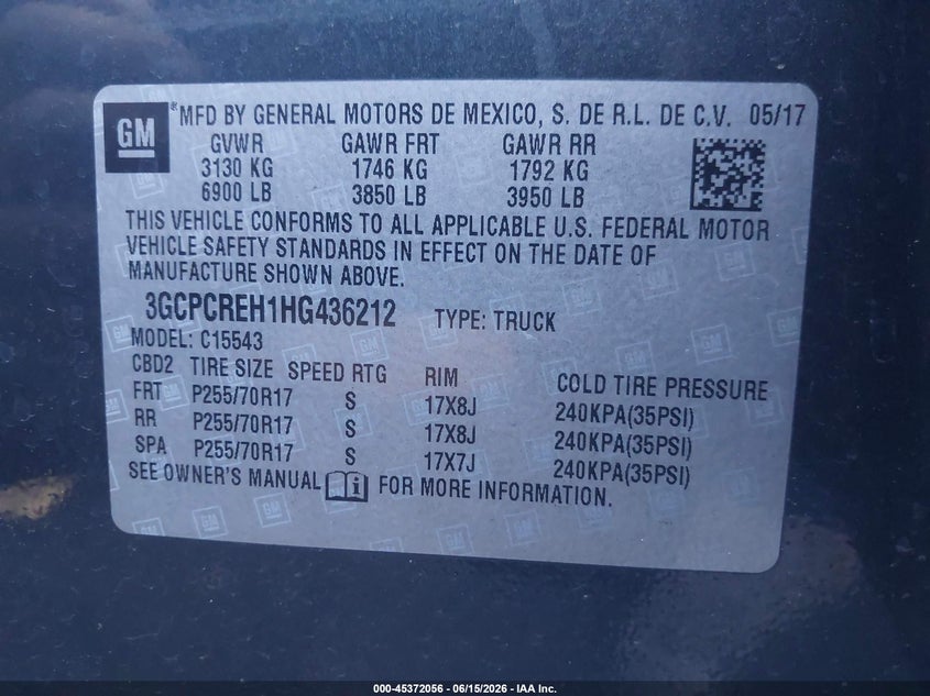 2017 Chevrolet Silverado VIN 3GCPCREH1HG436212 IAAI salvage auction — SIDE, Salvage Certificate (California), sold $7,600 on 2026-07-12 (photo 9)
