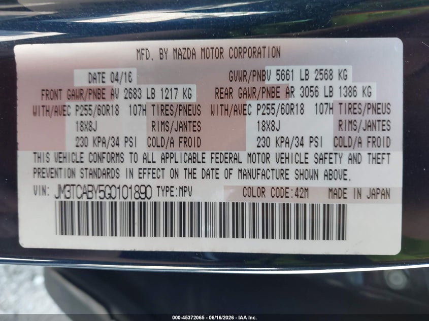 2016 Mazda Cx-9 VIN JM3TCABY5G0101890 IAAI salvage auction — FRONT END, Clear (Tennessee), sold $2,200 on 2026-07-23 (photo 9)