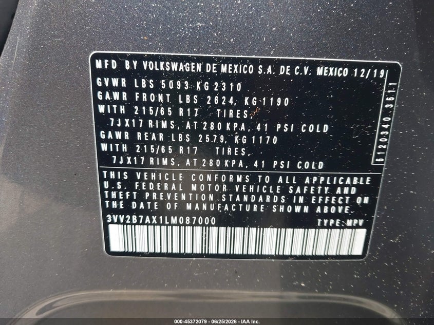 2020 Volkswagen Tiguan VIN 3VV2B7AX1LM087000 IAAI salvage auction — REAR END, Salvage (Rhode Island), sold $5,000 on 2026-09-08 (photo 9)