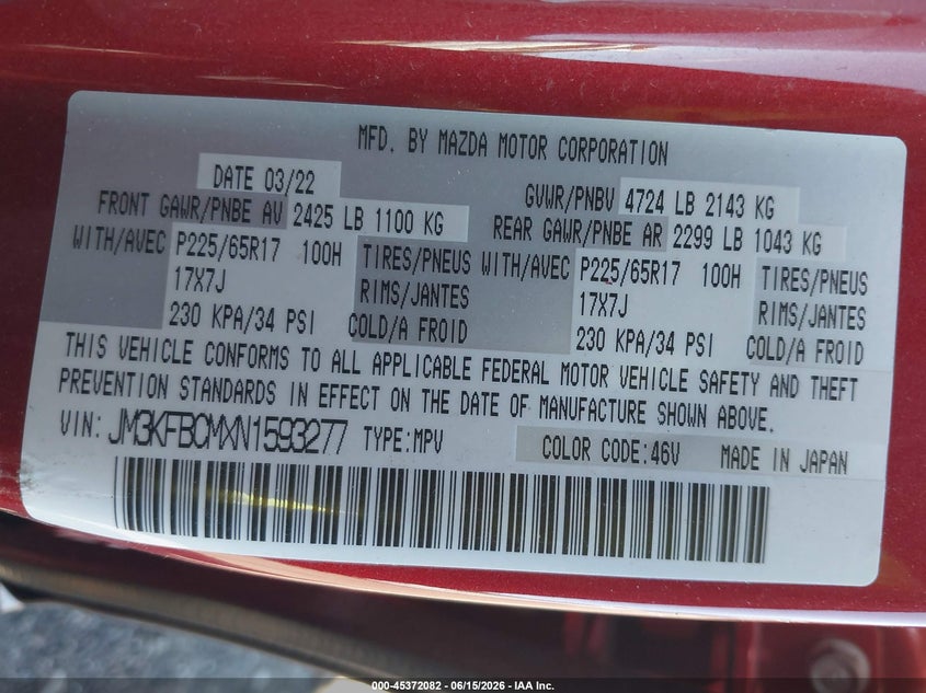 2022 Mazda Cx-5 VIN JM3KFBCMXN1593277 IAAI salvage auction — LEFT SIDE, Salvage Title, sold $4,050 on 2026-07-28 (photo 9)