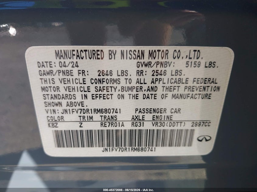 2024 Infiniti Q50 VIN JN1FV7DR1RM680741 IAAI salvage auction — FRONT END, Salvage Title, sold $11,025 on 2026-08-18 (photo 9)