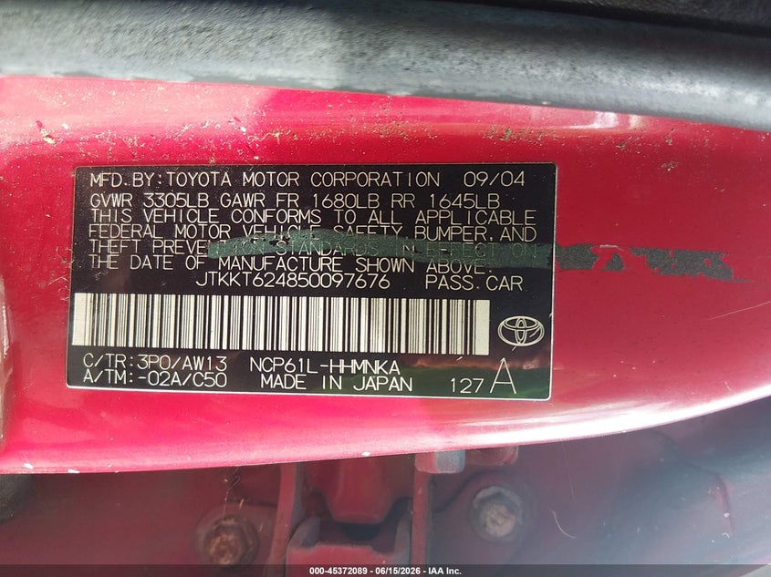 2005 Scion Xa VIN JTKKT624850097676 IAAI salvage auction — NORMAL WEAR, Salvage (South Carolina), sold $400 on 2026-07-28 (photo 9)