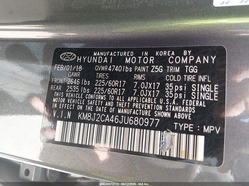 2018 Hyundai Tucson VIN KM8J2CA46JU680977 IAAI salvage auction — NORMAL WEAR, Clear (Colorado), sold $5,225 on 2026-07-14 (photo 9)