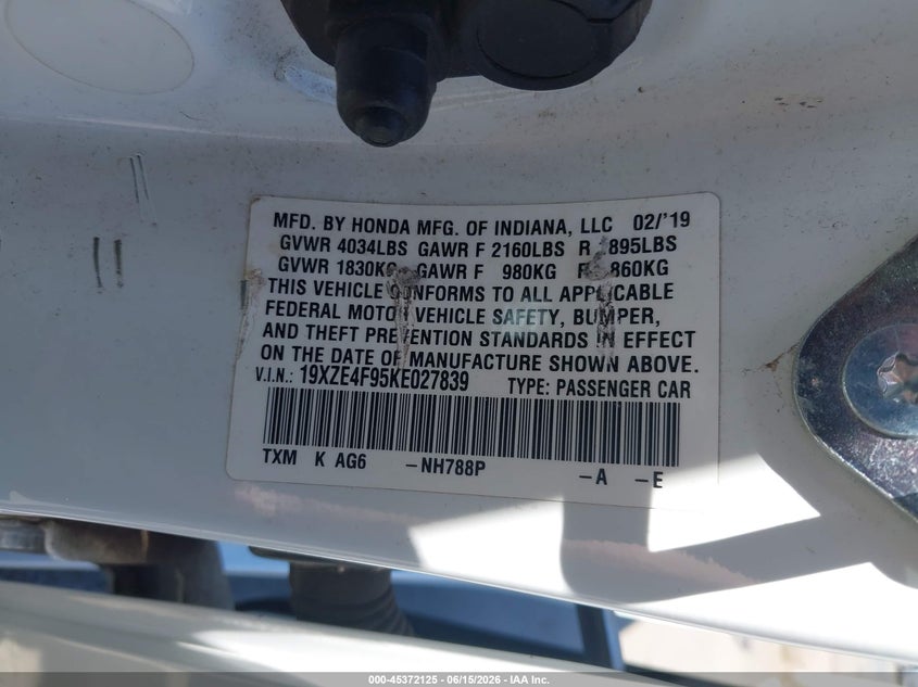 2019 Honda Insight VIN 19XZE4F95KE027839 IAAI salvage auction — RIGHT SIDE, Salvage (California), sold $3,650 on 2026-07-08 (photo 9)