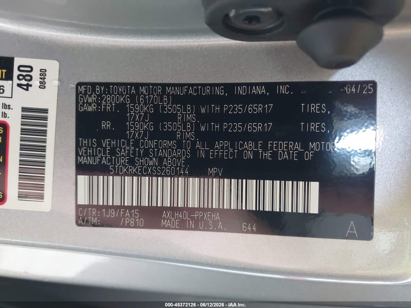 2025 Toyota Sienna VIN 5TDKRKECXSS260144 IAAI salvage auction — LEFT REAR, Rebuildable (Florida), sold $10,200 on 2026-07-29 (photo 9)