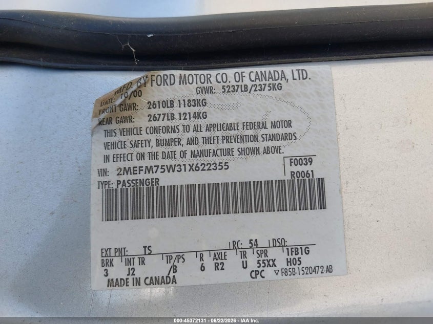 2001 Mercury Grand marquis VIN 2MEFM75W31X622355 IAAI salvage auction — RIGHT REAR, Clear - Dealer Only (California), sold $425 on 2026-07-08 (photo 9)