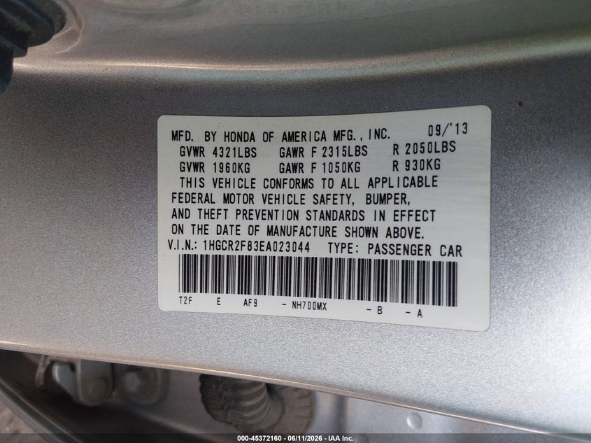 2014 Honda Accord VIN 1HGCR2F83EA023044 IAAI salvage auction — FRONT END, Salvage (Arizona), sold $2,500 on 2026-07-18 (photo 9)