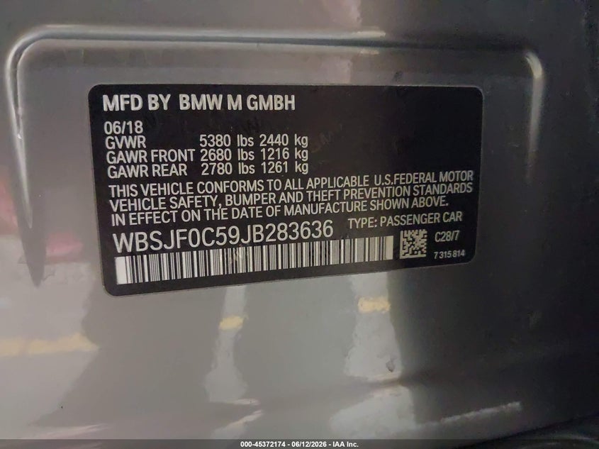 2018 BMW M5 VIN WBSJF0C59JB283636 IAAI salvage auction — FRONT & REAR, Salvage Title, sold $13,200 on 2026-07-31 (photo 9)