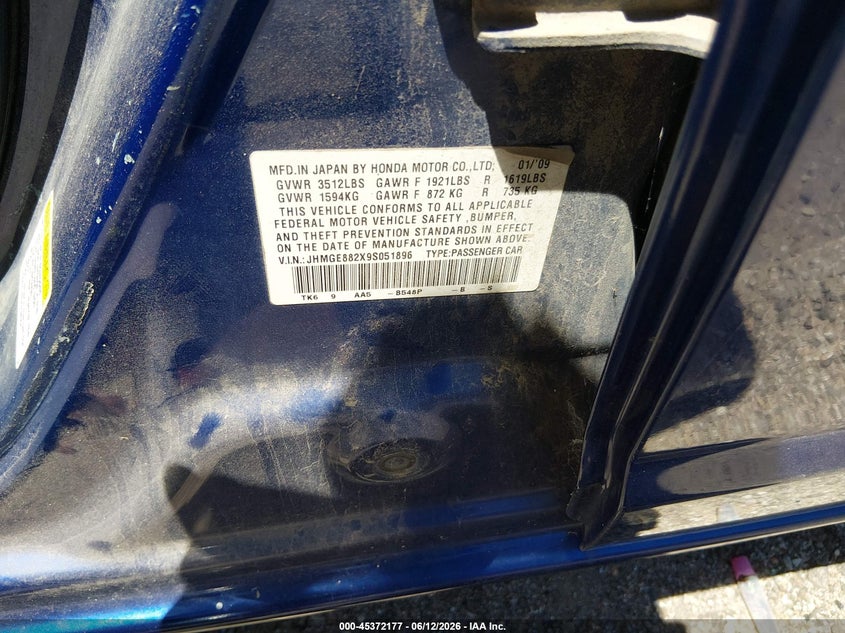 2009 Honda Fit VIN JHMGE882X9S051896 IAAI salvage auction — NORMAL WEAR, Clear (Kansas), sold $750 on 2026-07-17 (photo 9)