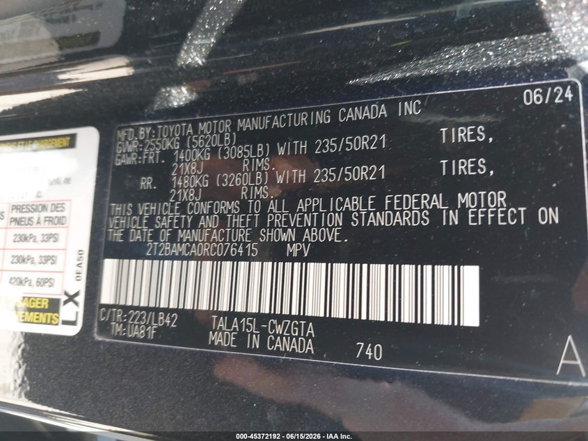 2024 Lexus Rx VIN 2T2BAMCA0RC076415 IAAI salvage auction — FRONT & REAR, Salvage Title, sold $19,000 on 2026-07-22 (photo 9)