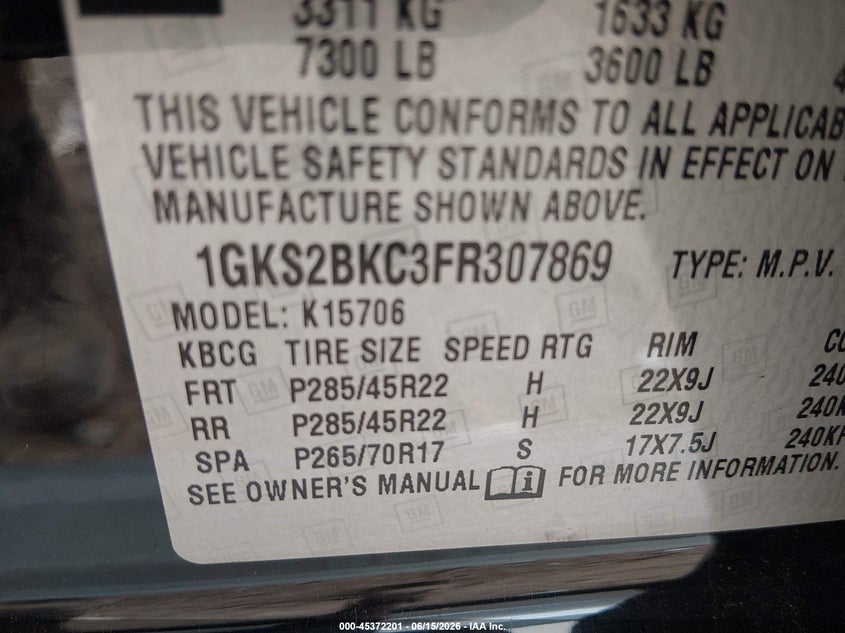 2015 Gmc Yukon VIN 1GKS2BKC3FR307869 IAAI salvage auction — REAR END, Salvage Title, sold $5,050 on 2026-08-22 (photo 9)