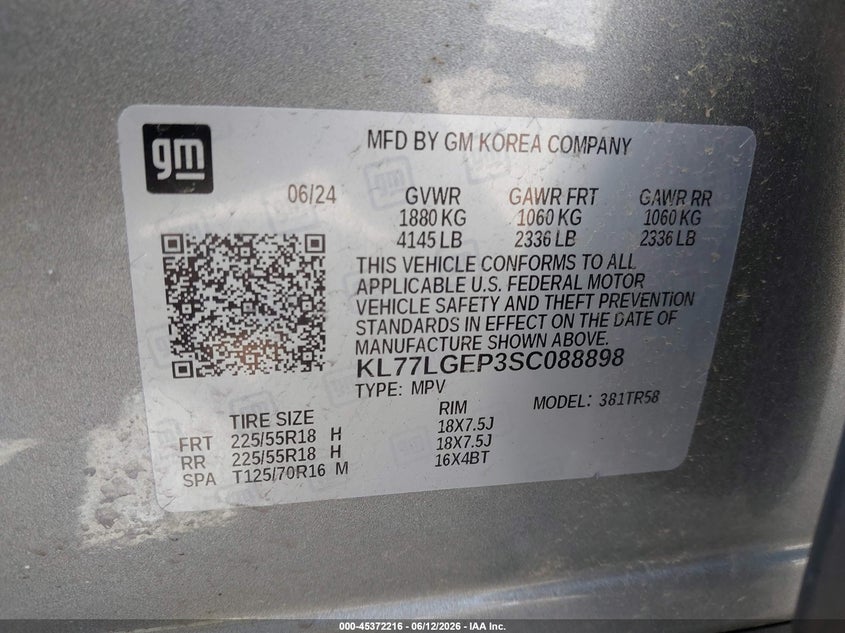 2025 Chevrolet Trax VIN KL77LGEP3SC088898 IAAI salvage auction — FRONT END, Salvage (Ohio), sold $4,000 on 2026-07-29 (photo 9)