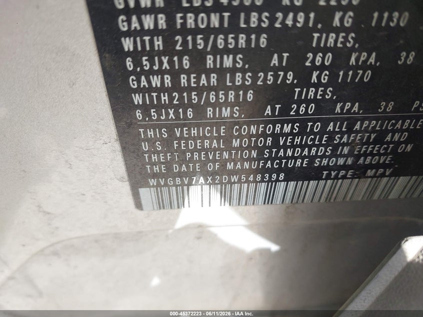 2013 Volkswagen Tiguan VIN WVGBV7AX2DW548398 IAAI salvage auction — NORMAL WEAR, Clear - Dealer Only (California), sold $900 on 2026-07-27 (photo 9)
