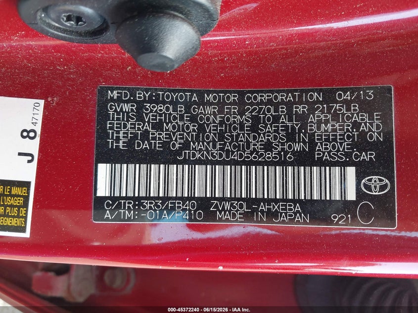 2013 Toyota Prius VIN JTDKN3DU4D5628516 IAAI salvage auction — LEFT REAR, Salvage (Massachusetts), sold $2,450 on 2026-07-17 (photo 9)