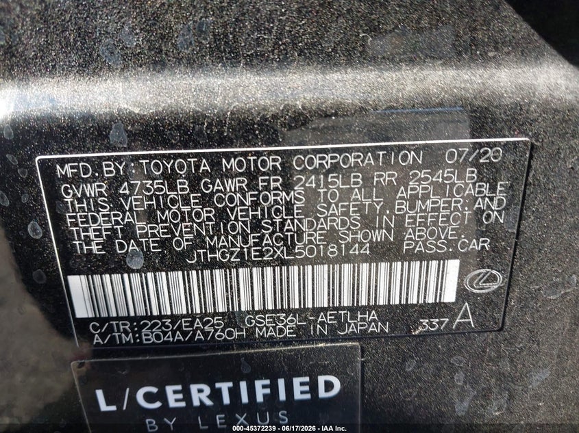 2020 Lexus Is VIN JTHGZ1E2XL5018144 IAAI salvage auction — RIGHT SIDE, Salvage (California), sold $825 on 2026-07-28 (photo 9)