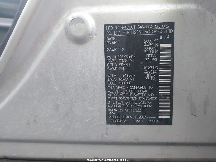 2015 Nissan Rogue VIN KNMAT2MT9FP511122 IAAI salvage auction — FRONT END, Clear (Tennessee), sold $675 on 2026-07-16 (photo 9)