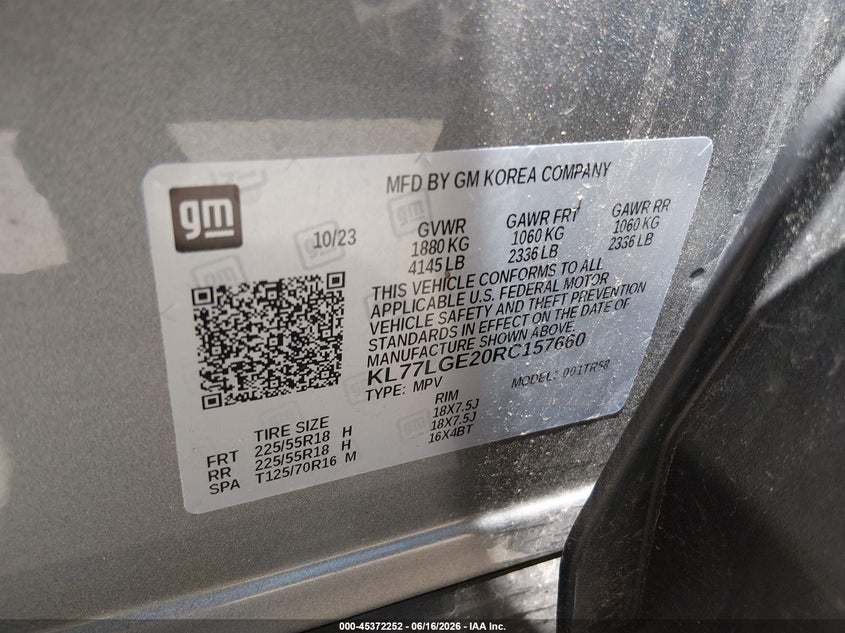 2024 Chevrolet Trax VIN KL77LGE20RC157660 IAAI salvage auction — HAIL, Salvage Title, sold $6,300 on 2026-07-21 (photo 9)