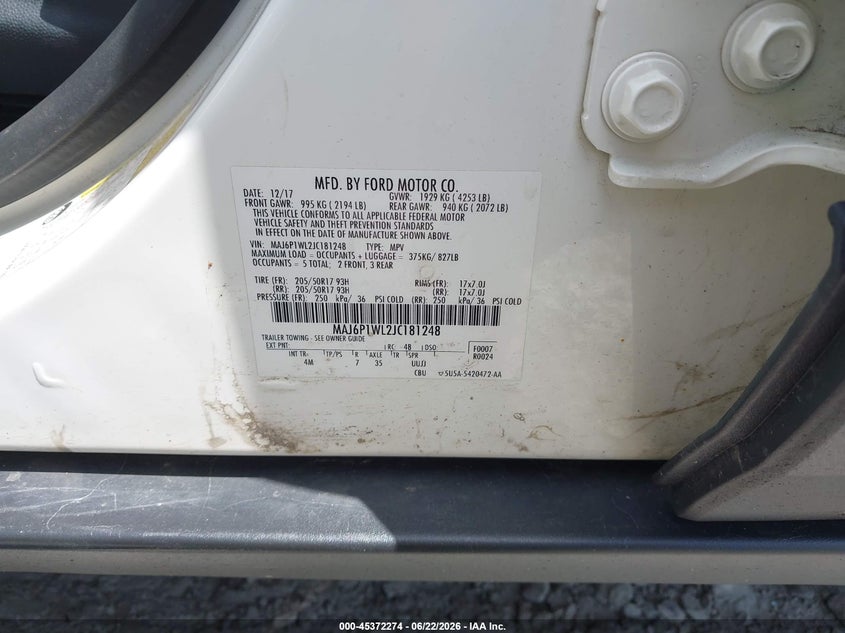 2018 Ford Ecosport VIN MAJ6P1WL2JC181248 IAAI salvage auction — HAIL, Salvage Title, sold $25 on 2026-07-23 (photo 9)