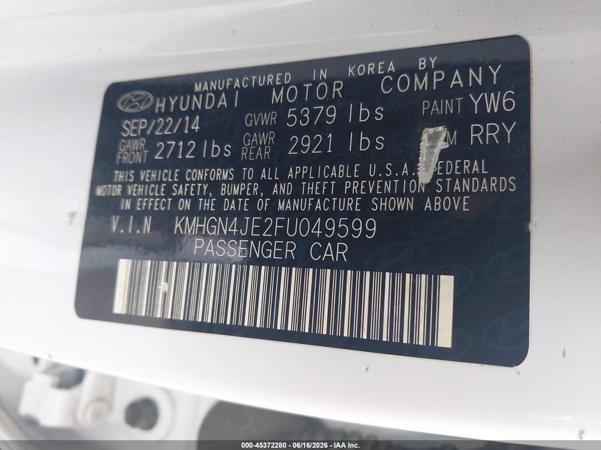2015 Hyundai Genesis VIN KMHGN4JE2FU049599 IAAI salvage auction — FRONT END, Salvage (Idaho), sold $350 on 2026-07-22 (photo 9)