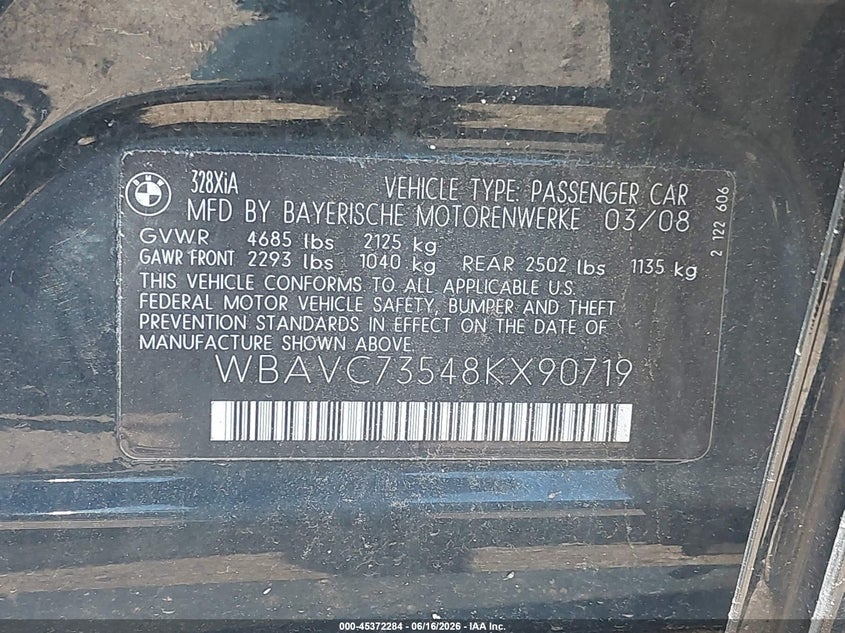 2008 BMW 3 series VIN WBAVC73548KX90719 IAAI salvage auction — NORMAL WEAR, Clear (New Jersey), sold $475 on 2026-07-29 (photo 9)