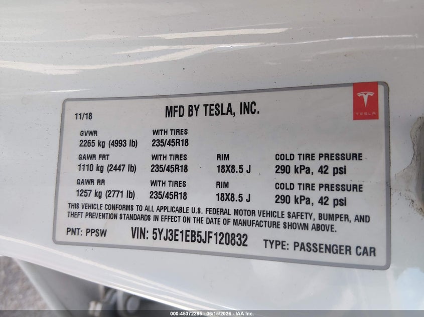 2018 Tesla Model 3 VIN 5YJ3E1EB5JF120832 IAAI salvage auction — LEFT FRONT, Salvage (New Jersey), sold $6,500 on 2026-08-01 (photo 9)