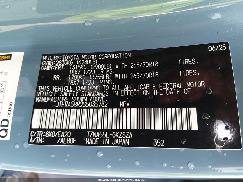 2025 Toyota 4runner VIN JTEVA5BR2S5035782 IAAI salvage auction — FRONT END, Salvage Title, sold $9,000 on 2026-07-30 (photo 9)