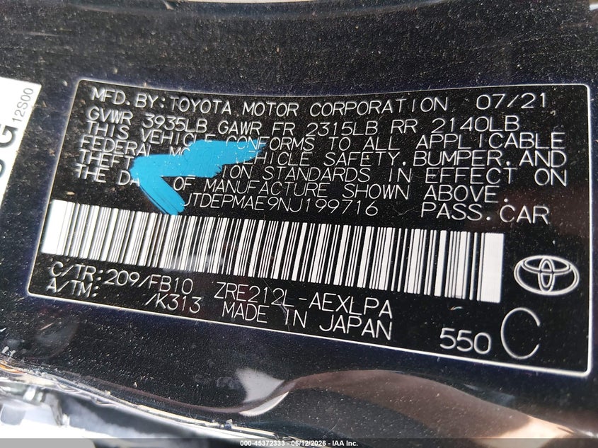 2022 Toyota Corolla VIN JTDEPMAE9NJ199716 IAAI salvage auction — NORMAL WEAR, Original (Texas), sold $4,350 on 2026-07-06 (photo 9)
