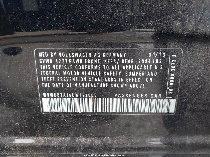 2013 Volkswagen Golf VIN WVWDB7AJ6DW122005 IAAI salvage auction — FRONT END, Repossession Paperwork (Georgia), sold $750 on 2026-07-14 (photo 9)