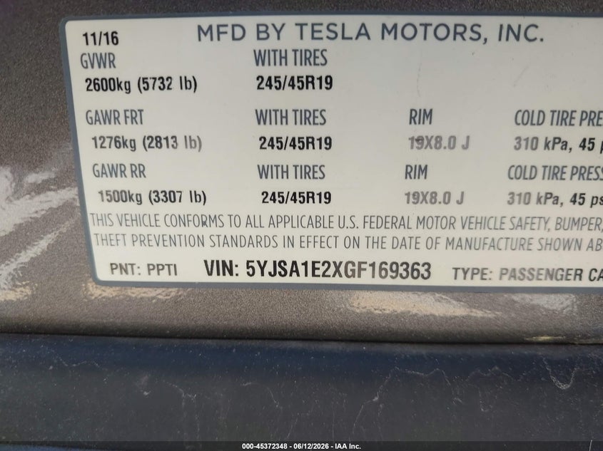 2016 Tesla Model s VIN 5YJSA1E2XGF169363 IAAI salvage auction — RIGHT SIDE, Salvage (California), sold $6,350 on 2026-07-20 (photo 9)