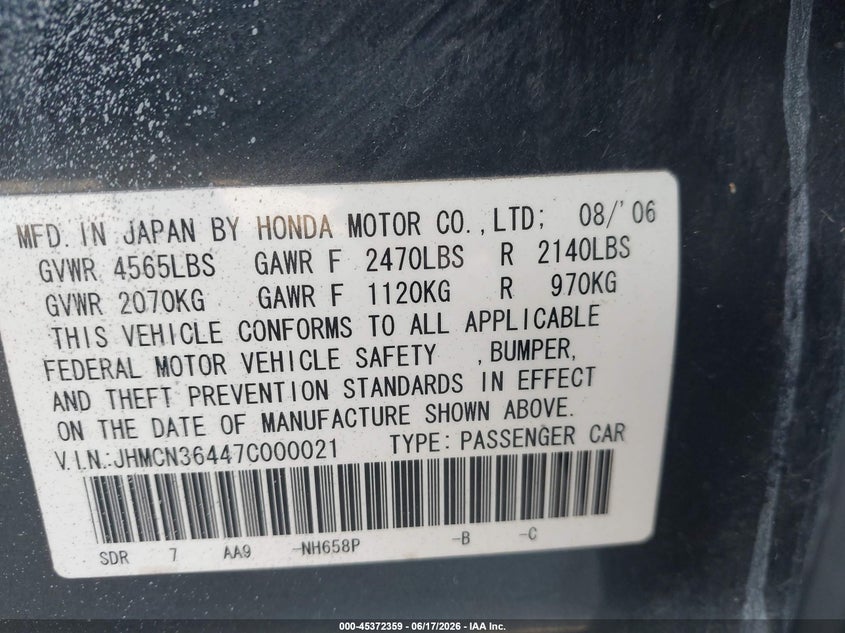 2007 Honda Accord VIN JHMCN36447C000021 IAAI salvage auction — NORMAL WEAR, Salvage Title - Dealer (California), sold $1,400 on 2026-07-22 (photo 9)