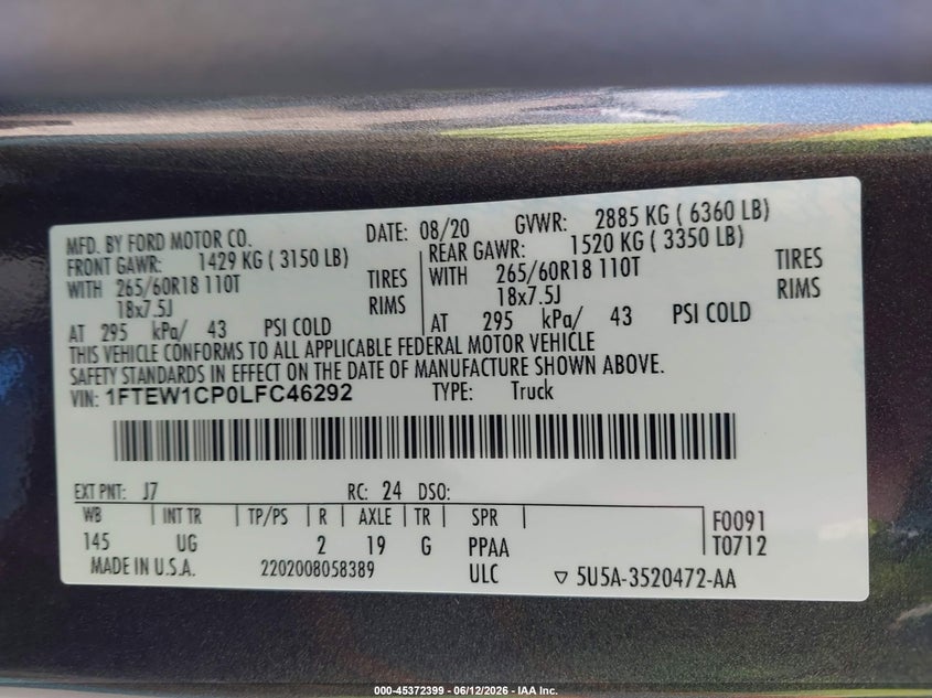 2020 Ford F-150 VIN 1FTEW1CP0LFC46292 IAAI salvage auction — SIDE, Rebuildable (Florida), sold $9,200 on 2026-07-20 (photo 9)