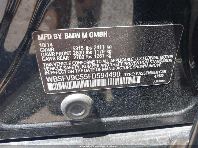 2015 BMW M5 VIN WBSFV9C55FD594490 IAAI salvage auction — FRONT END, Salvage (Oregon), sold $14,800 on 2026-08-27 (photo 9)