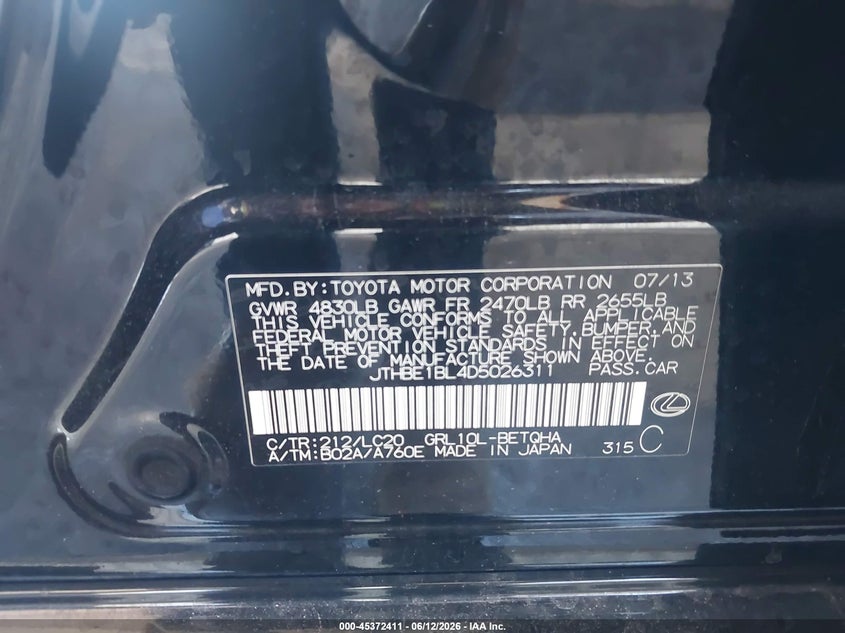 2013 Lexus Gs VIN JTHBE1BL4D5026311 IAAI salvage auction — REAR END, Salvage (California), sold $2,050 on 2026-07-28 (photo 9)