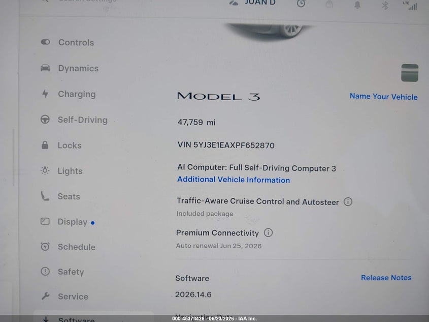 2023 Tesla Model 3 VIN 5YJ3E1EAXPF652870 IAAI salvage auction — SIDE, Salvage (California), sold $7,400 on 2026-07-16 (photo 7)