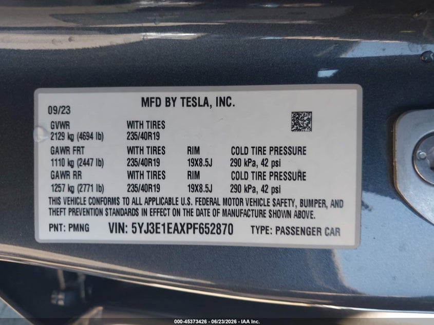 2023 Tesla Model 3 VIN 5YJ3E1EAXPF652870 IAAI salvage auction — SIDE, Salvage (California), sold $7,400 on 2026-07-16 (photo 9)