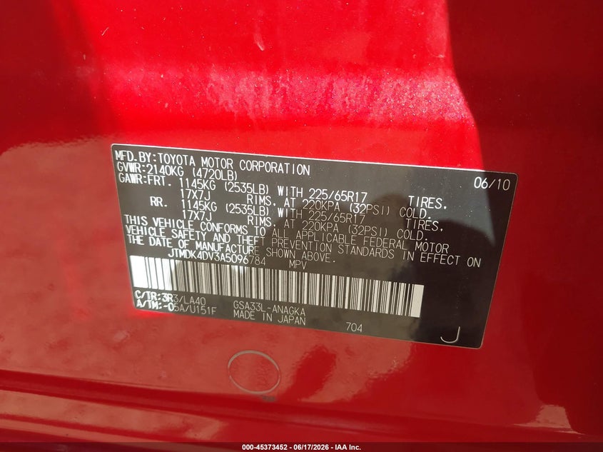 2010 Toyota Rav 4 VIN JTMDK4DV3A5096784 IAAI salvage auction — FRONT END, Salvage (Idaho), sold $2,400 on 2026-07-17 (photo 9)