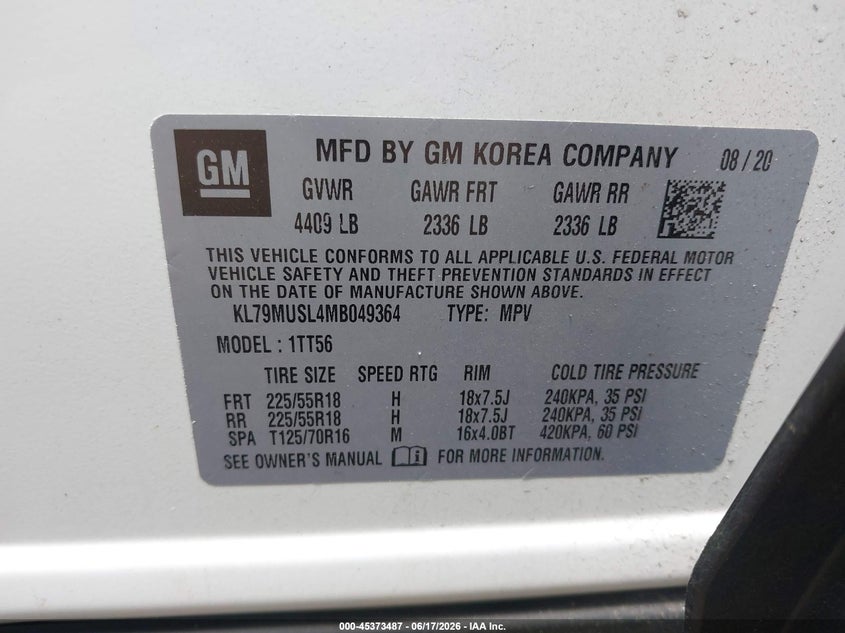 2021 Chevrolet Trailblazer VIN KL79MUSL4MB049364 IAAI salvage auction — FRONT END, Salvage Title, sold $4,550 on 2026-07-22 (photo 9)