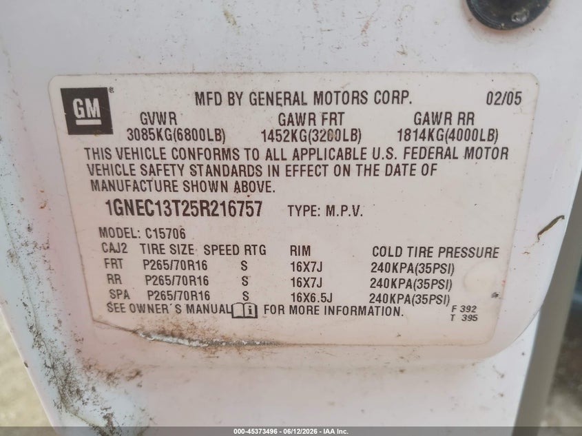 2005 Chevrolet Tahoe VIN 1GNEC13T25R216757 IAAI salvage auction — FRONT END, Original (Texas), sold $1,150 on 2026-07-09 (photo 9)
