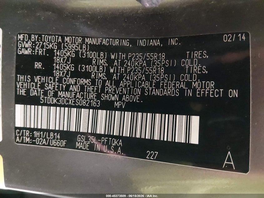 2014 Toyota Sienna VIN 5TDDK3DCXES082163 IAAI salvage auction — NORMAL WEAR, Original (Alaska), sold $8,450 on 2026-07-10 (photo 9)