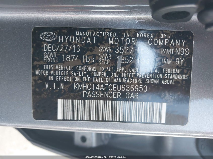 2014 Hyundai Accent VIN KMHCT4AE0EU636953 IAAI salvage auction — FRONT END, Rebuildable (Florida), sold $675 on 2026-07-15 (photo 9)