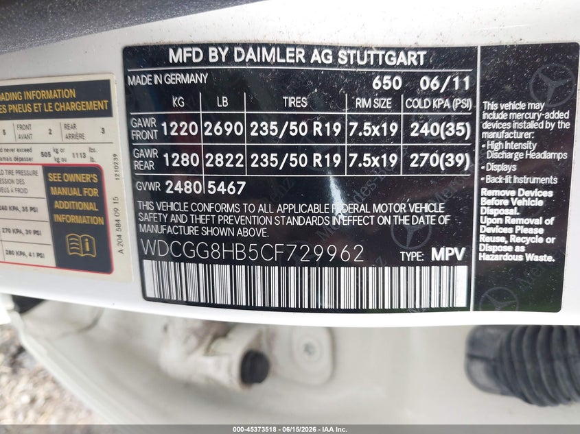 2012 Mercedes-benz Glk-klasse VIN WDCGG8HB5CF729962 IAAI salvage auction — RIGHT SIDE, Salvage (Ohio), sold $3,050 on 2026-07-29 (photo 9)