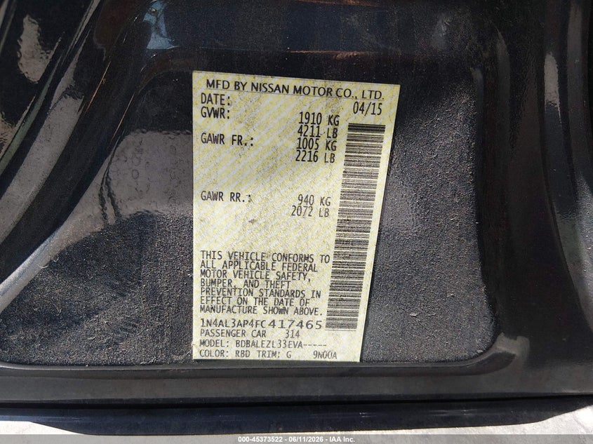 2015 Nissan Altima VIN 1N4AL3AP4FC417465 IAAI salvage auction — NORMAL WEAR, Clear - Dealer Only (California), sold $450 on 2026-07-09 (photo 9)