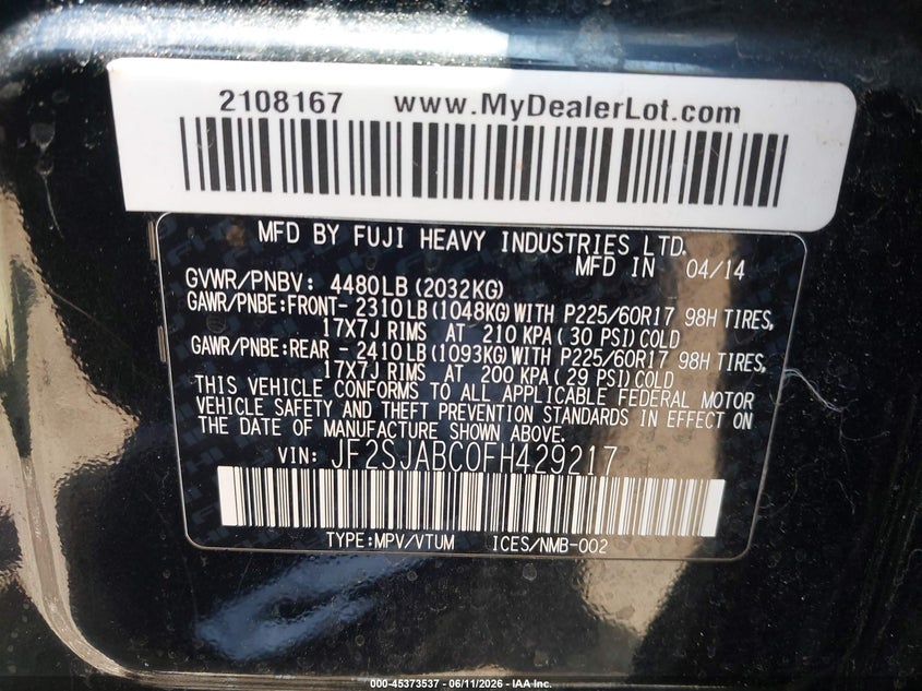 2015 Subaru Forester VIN JF2SJABC0FH429217 IAAI salvage auction — NORMAL WEAR, Clear (Oklahoma), sold $1,400 on 2026-07-20 (photo 9)
