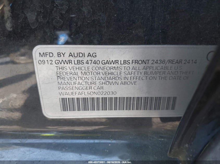 2013 Audi A4 VIN WAUEFAFL5DN022030 IAAI salvage auction — NORMAL WEAR, Regular (Nevada), sold $575 on 2026-07-24 (photo 9)